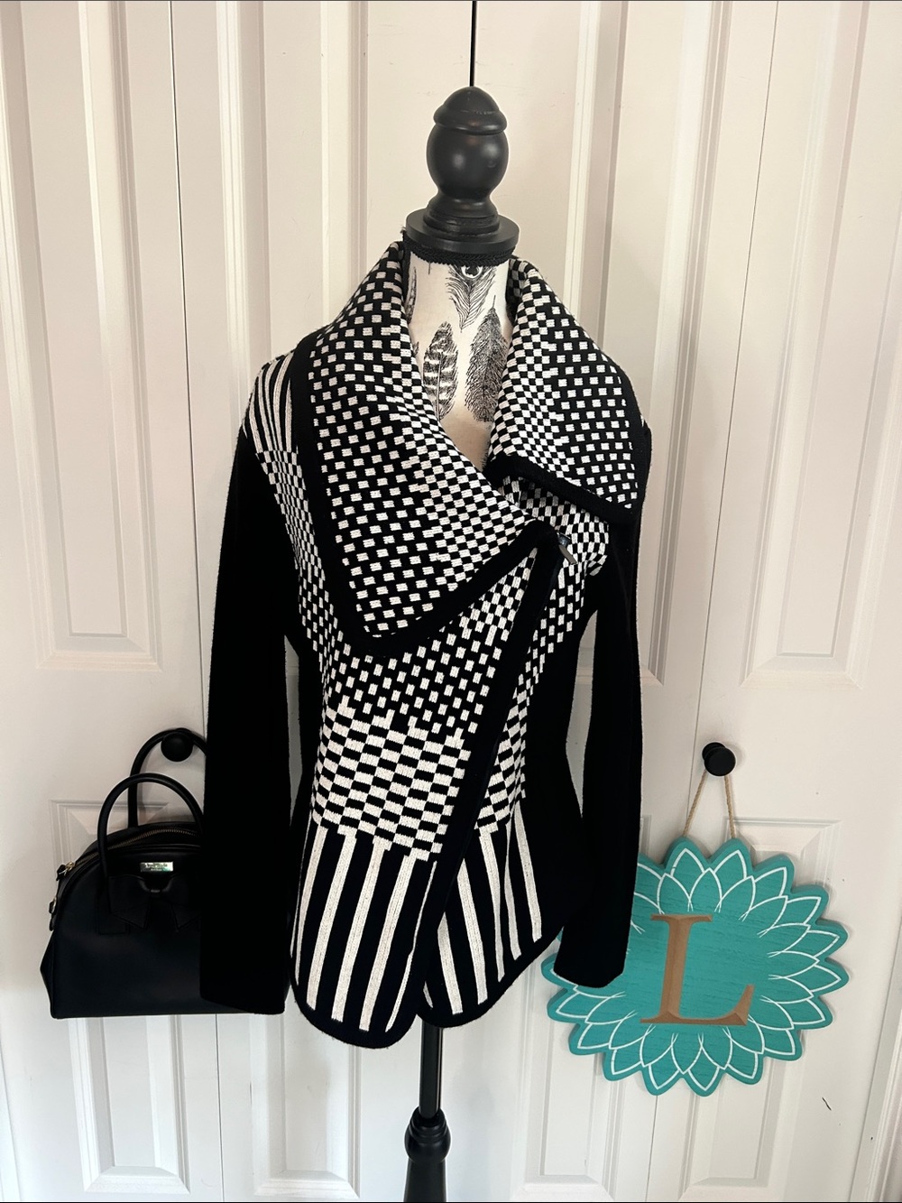 Tristan Black & White Geometric Asymmetrical Zip Moto Knit Jacket Sweater - Medi